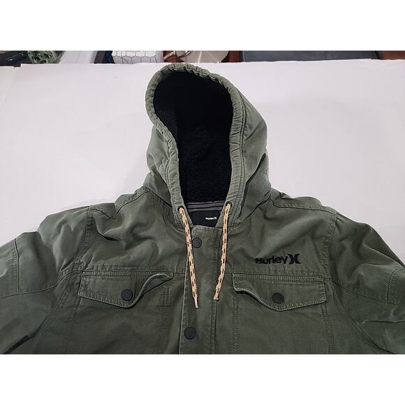 HURLEY Men's Jacket Military Mens Size Large Green 4 Front Pockets Hooded Beach - Picture 3 of 10